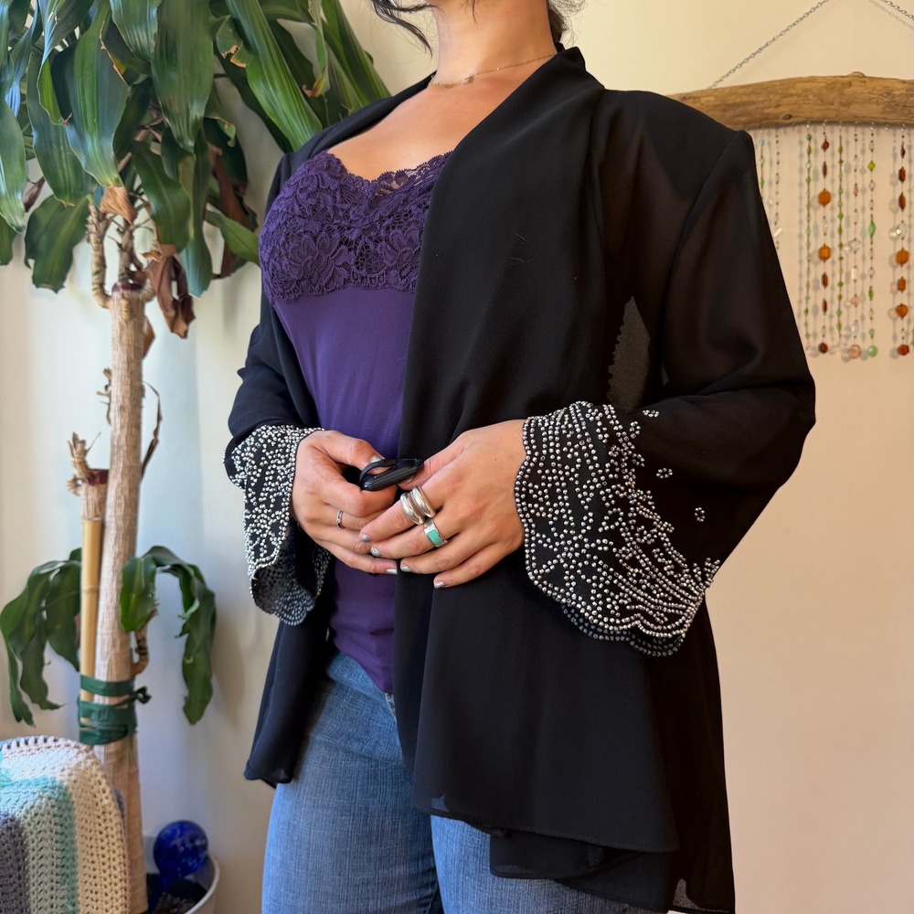R&M Richards Black Beaded Kimono Jacket 90s Whimsigoth Mesh Bell Sleeve 20W